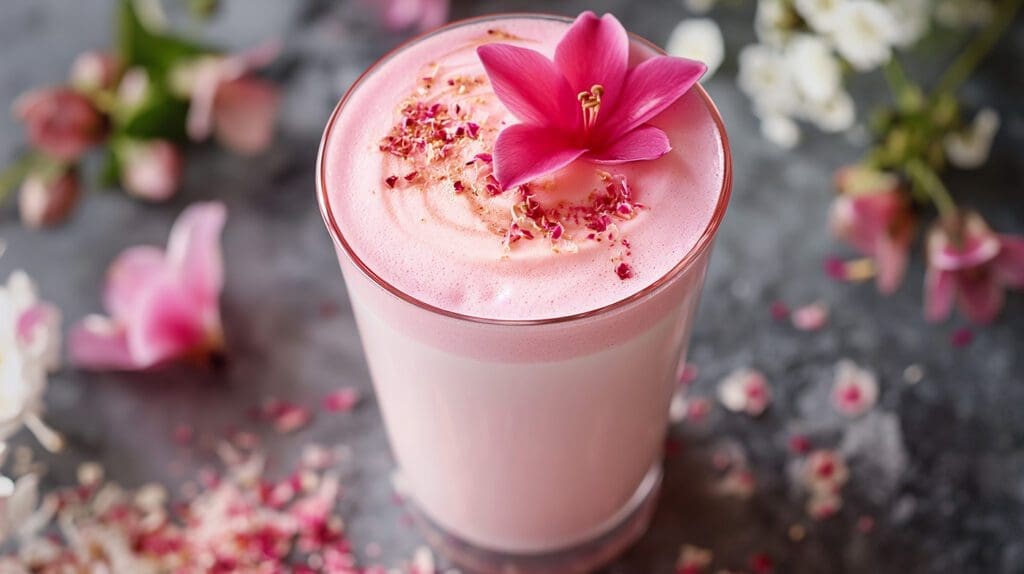 A guayaba latte in a glass with a floral garnish