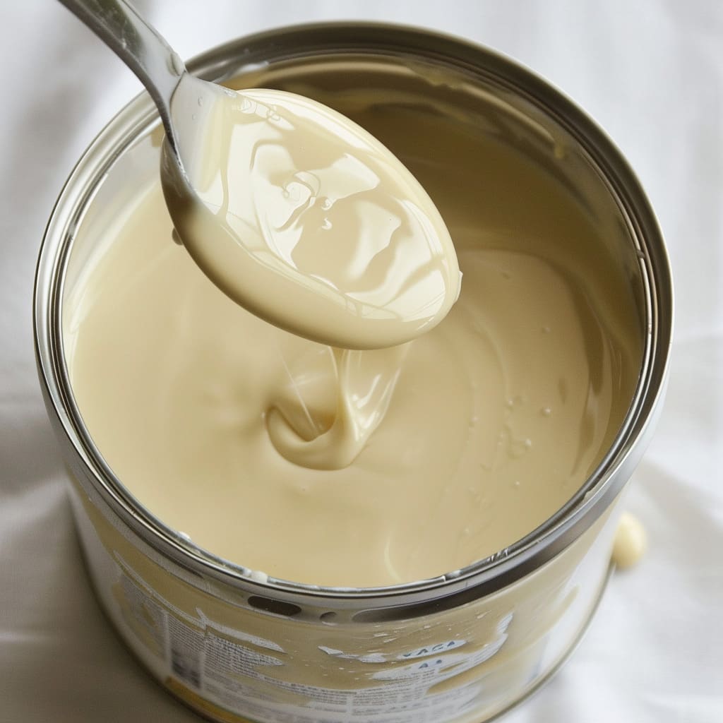 a spoon scooping out condensed milk