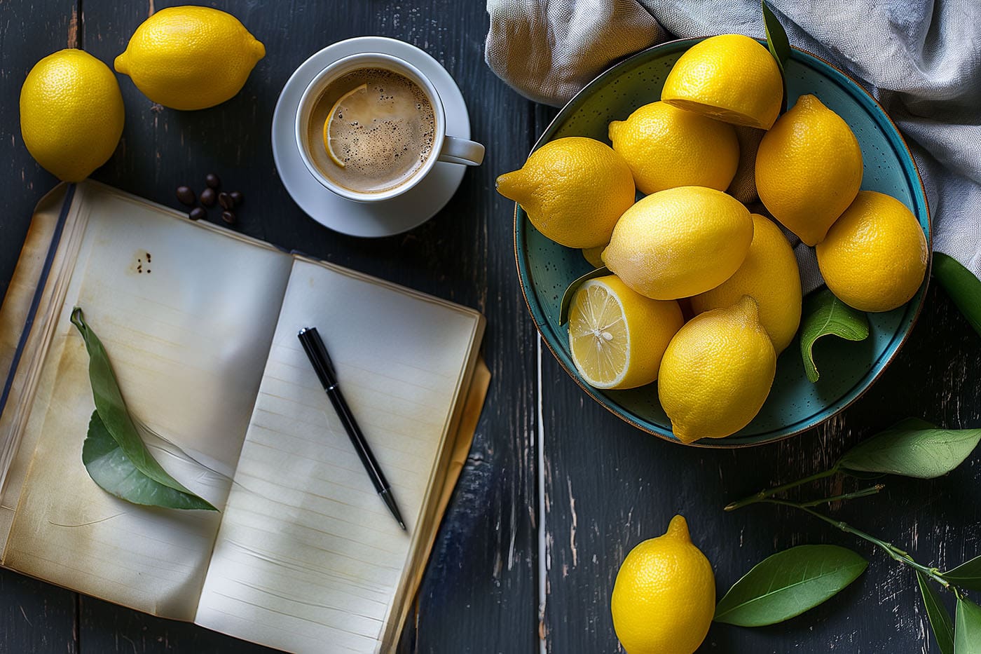 A dark wooden table hosts an open, aged notebook with a pen, a cup of espresso romano, a bowl full of fresh lemons, one sliced in half, and a grey cloth napkin, creating a cozy atmosphere for writing or reflection.