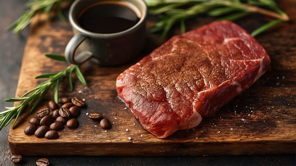 A close-up image of a seasoned raw steak on a dark wooden board, accompanied by a cup of black coffee and scattered coffee beans. Fresh rosemary sprigs are also visible, enhancing the rustic and aromatic setting.