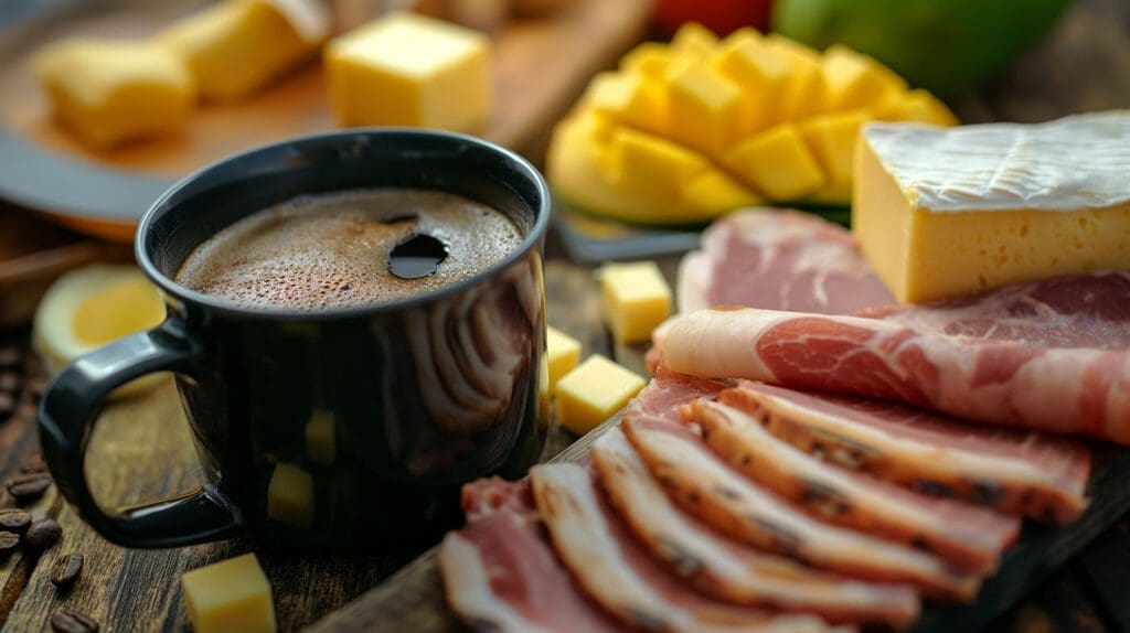 A close-up of a cup of black coffee surrounded by various foods including sliced cheeses, mango, and strips of bacon on a rustic wooden table.