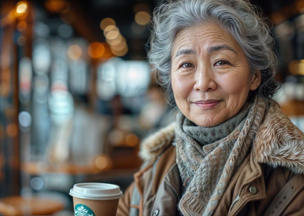 older Asian woman holding a cup of coffee