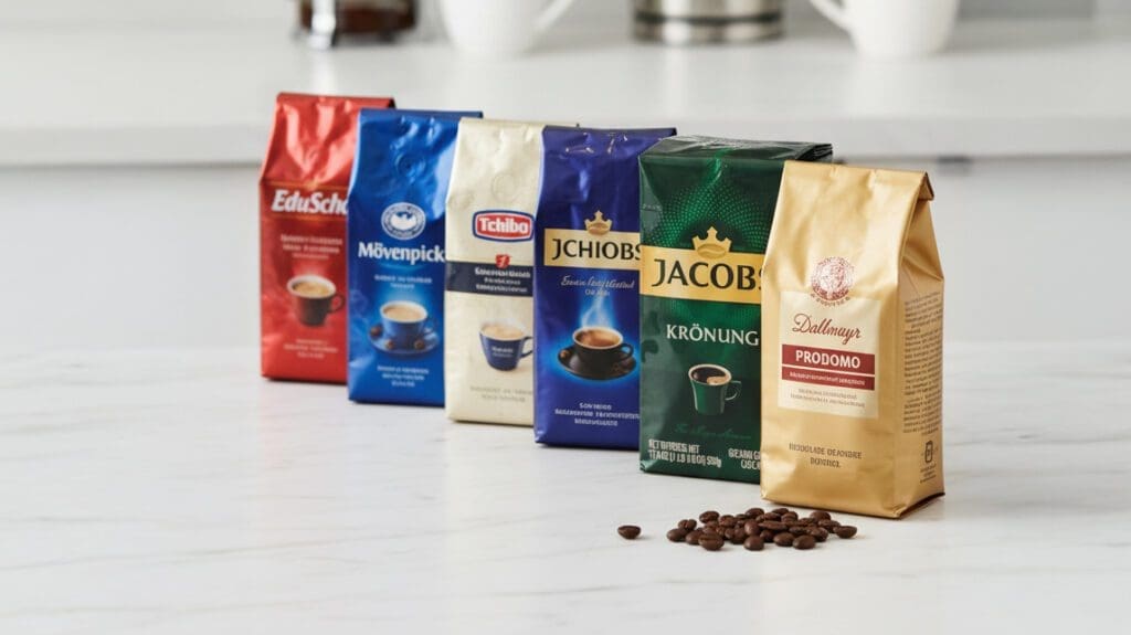 Variety of German coffee brands displayed.