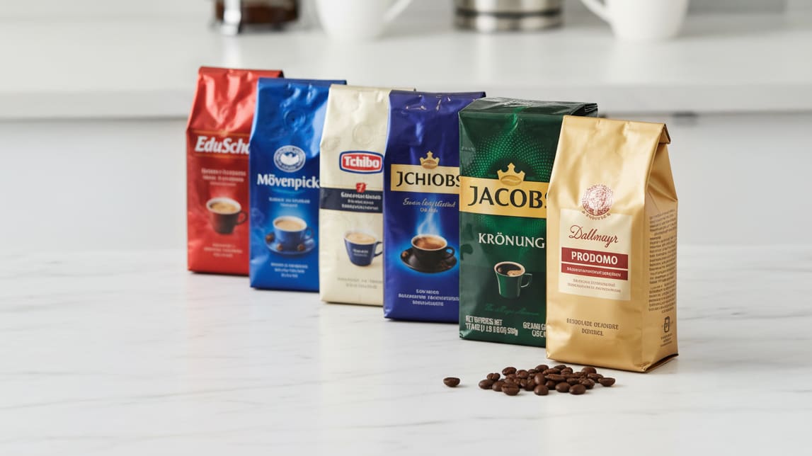 Variety of German coffee brands displayed.