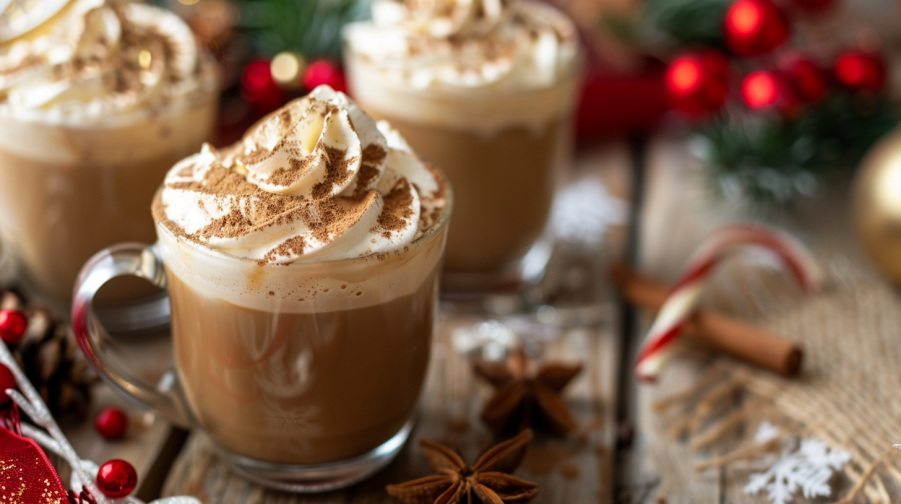Glass mugs of eggnog coffee topped with whipped cream and sprinkled with cinnamon, surrounded by festive holiday decorations. This eggnog coffee recipe is perfect for the holiday season