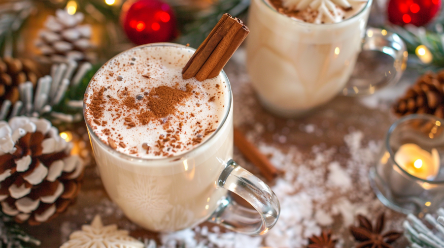 Festive eggnog coffee in clear mugs, garnished with cinnamon sticks and surrounded by holiday decorations. Enjoy this easy eggnog coffee recipe during the holidays.