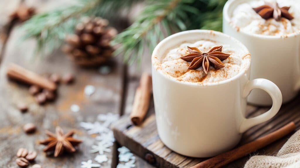 A cozy scene featuring a mug of eggnog coffee topped with whipped cream and a star anise, surrounded by pinecones, cinnamon sticks, and coffee beans.