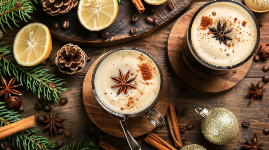 Two mugs of eggnog coffee topped with star anise, surrounded by pine branches, cinnamon sticks, and lemon slices.