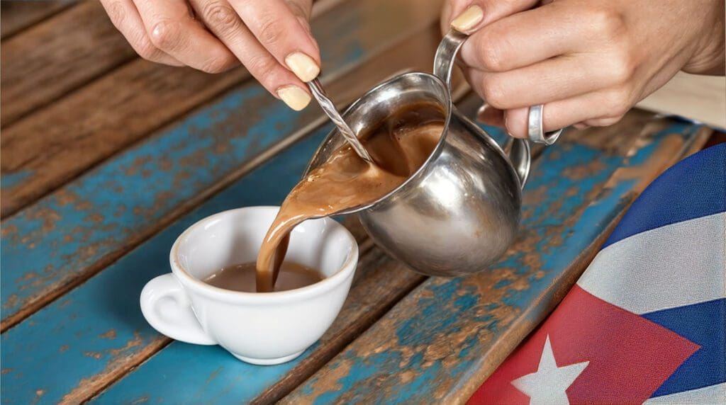 A person pouring freshly brewed Cafecito from a metal container into a small white cup, with a Cuban flag in the background.