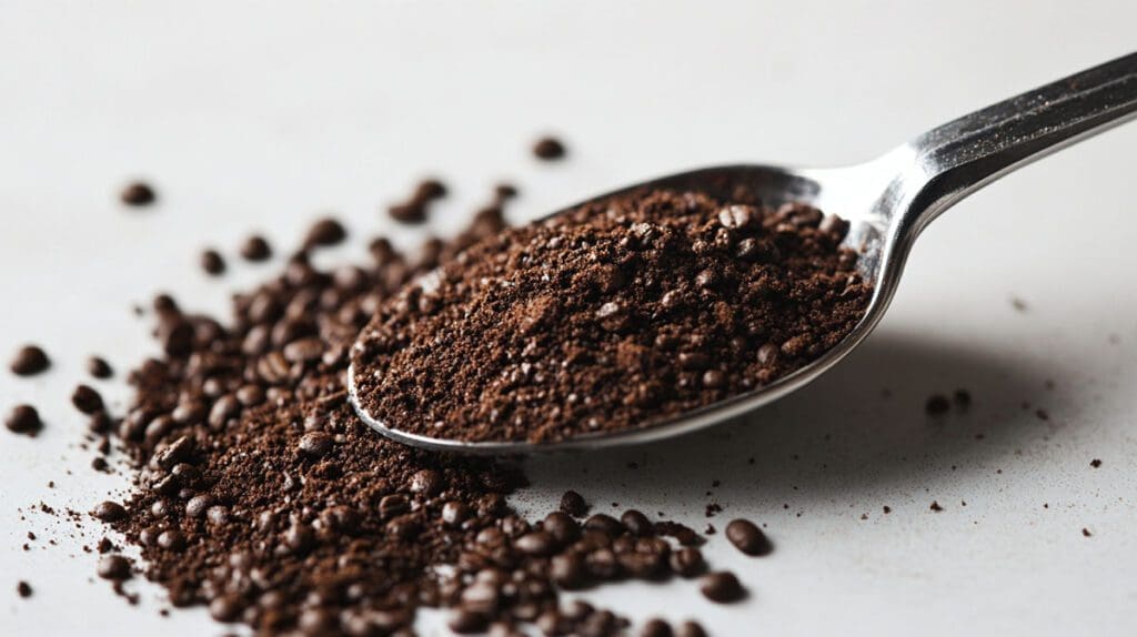 coarsely ground coffee in a metal spoon