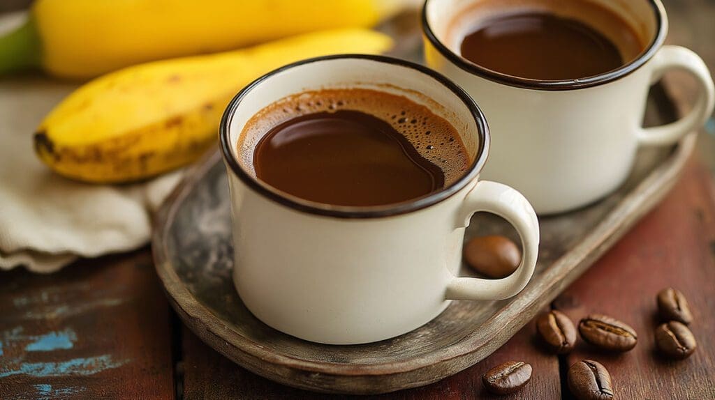 2 cafe cubano on a table next to a banana