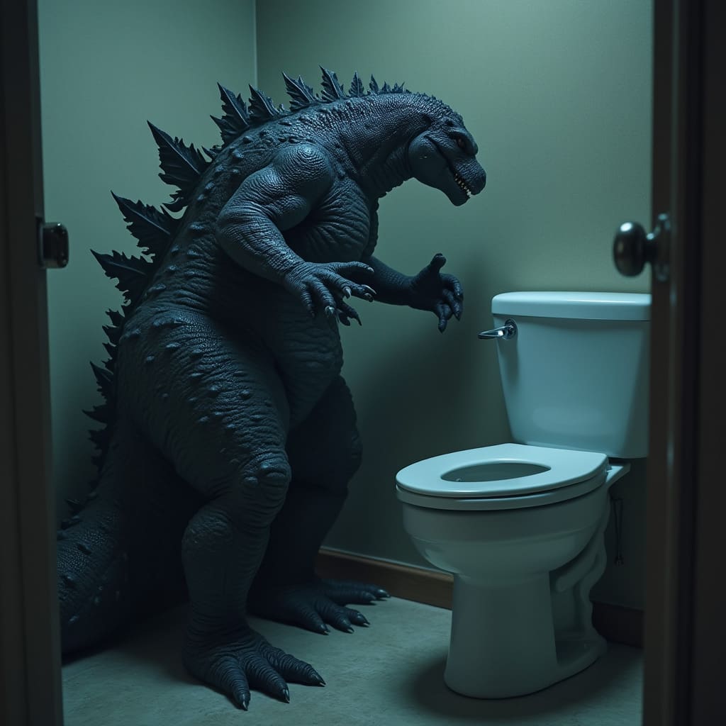 Godzilla standing by toilet