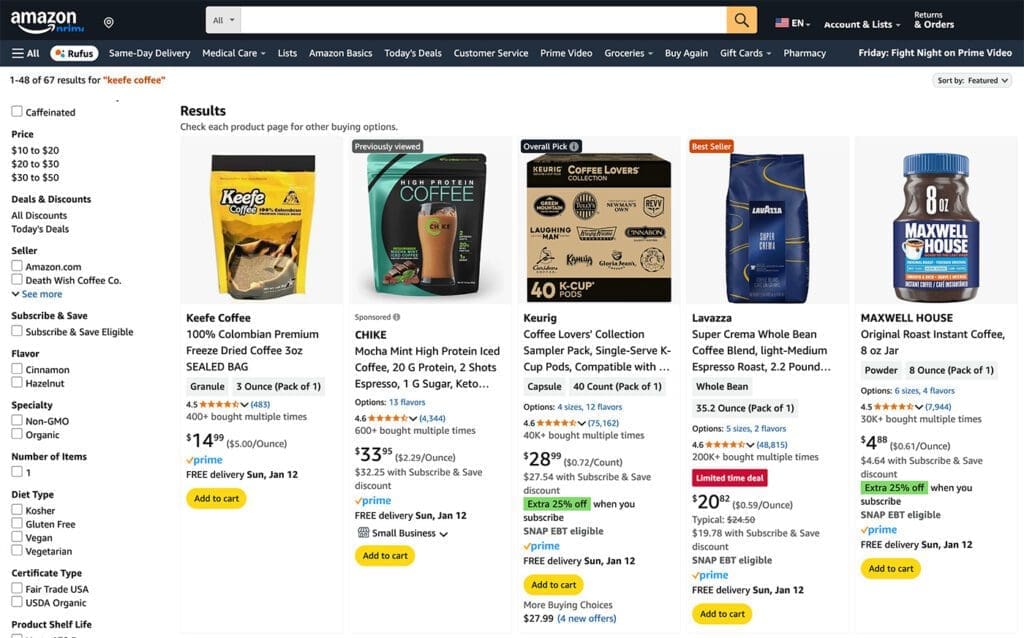 screenshot of Keefe coffee on Amazon