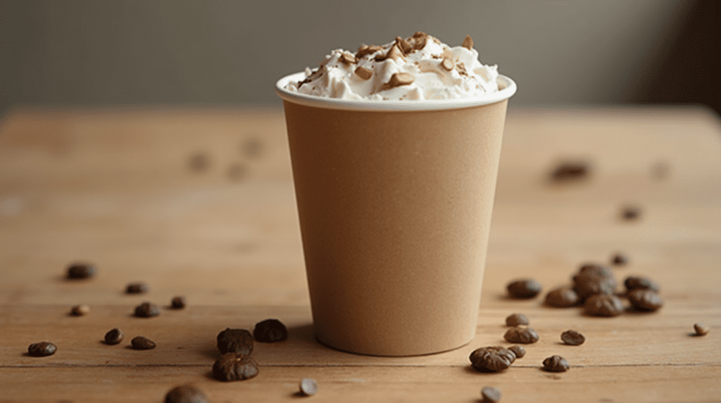 Latte in a paper cup with artful foam