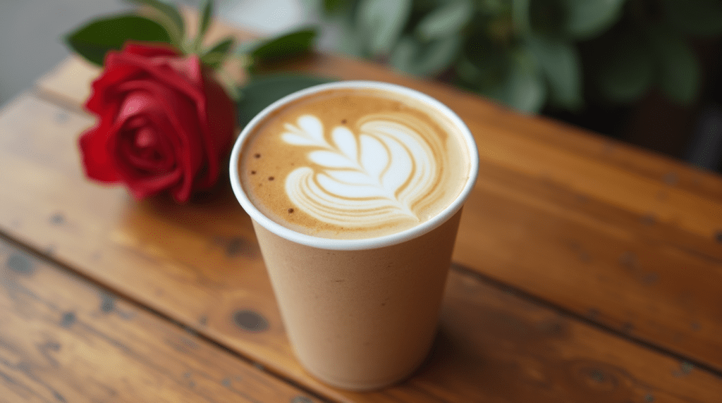 Latte in a paper cup with latte art next to a rose