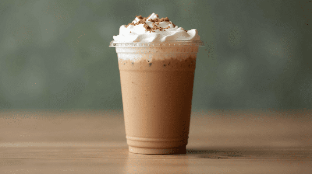 A sugar-free iced White Mocha coffee topped with whipped cream