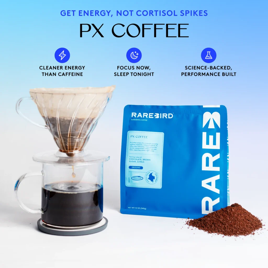 Smarter Sips: How Rarebird Coffee Is Revolutionizing Your Morning Energy Pour-over coffee setup next to a bag of Rarebird Coffee and ground coffee.