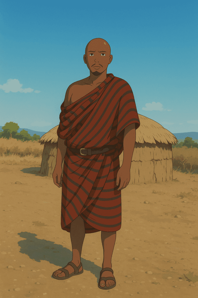 The Birth of Coffee: Ethiopia and the Legend of Kaldi Illustration of an Ethiopian monk in a red striped robe standing in front of a thatched hut in a dry landscape.