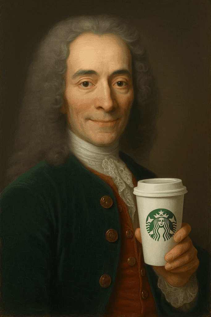 Voltaire holding a starbucks cup