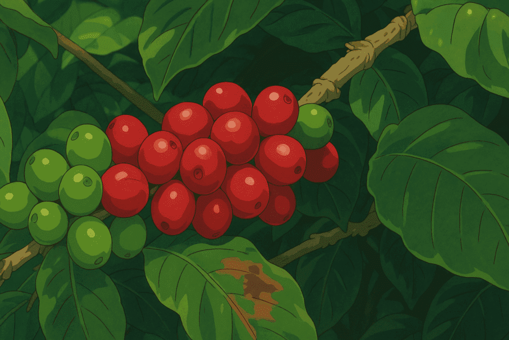 The Birth of Coffee: Ethiopia and the Legend of Kaldi the birth of coffee: Illustration of a coffee tree with green leaves and red/green berries on a branch.