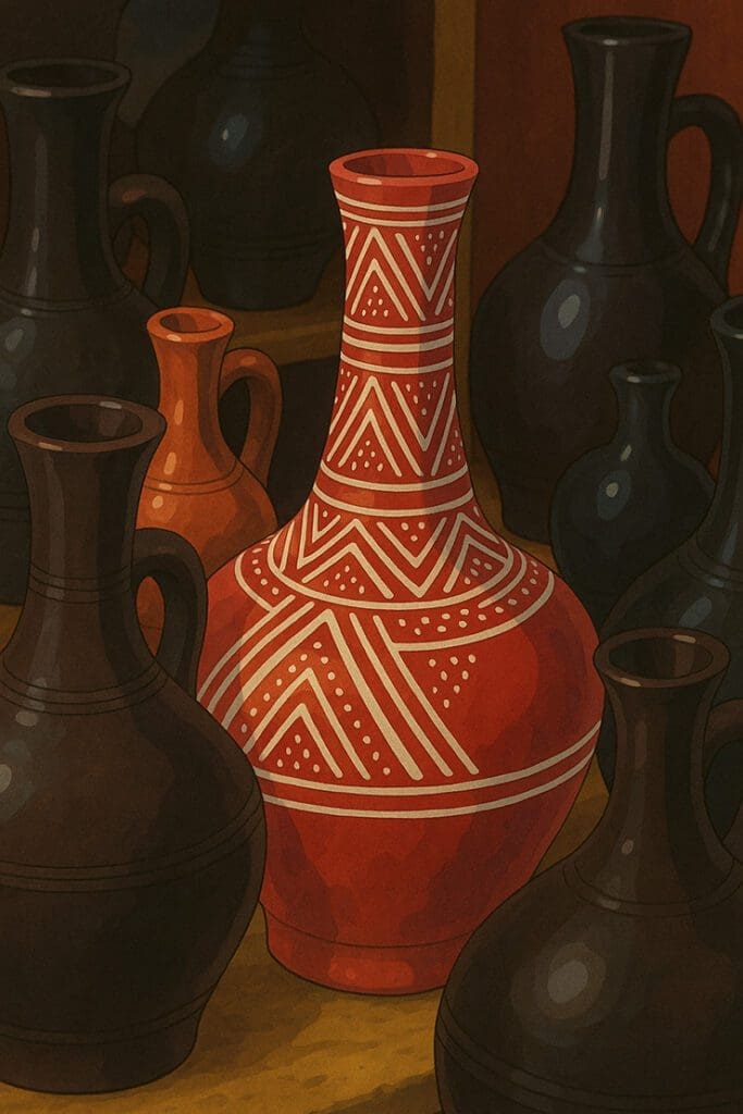 The Birth of Coffee: Ethiopia and the Legend of Kaldi Illustration of a jebena with white geometric patterns among other dark clay pots.