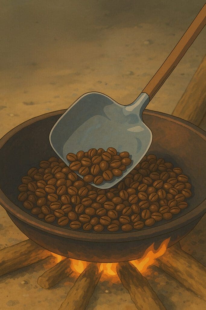 The Birth of Coffee: Ethiopia and the Legend of Kaldi Illustration of coffee beans being roasted in a pan over a fire, with a blue stool nearby.