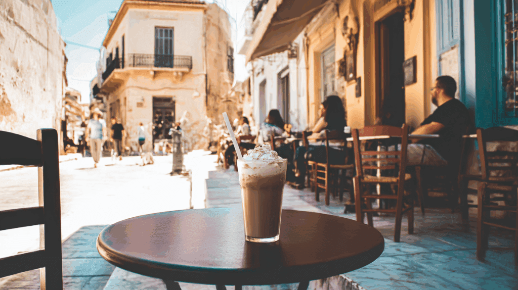 frappe on café table in Greek alley