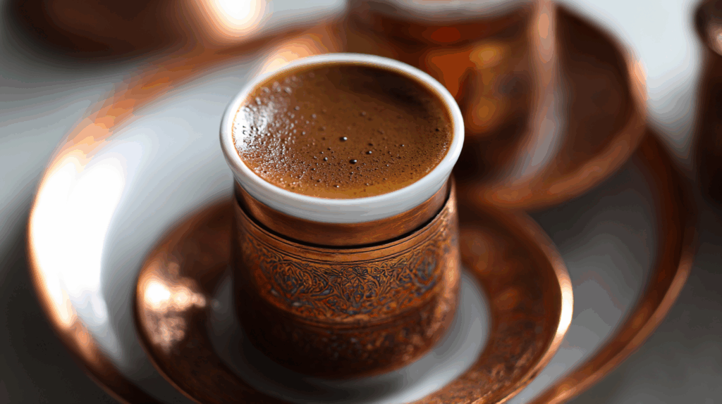 Close-Up Of Turkish Coffee Foam In Copper Cup