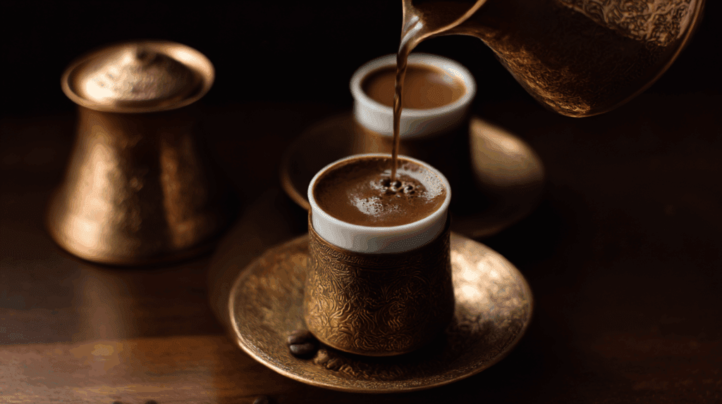 Pouring Turkish Coffee Into Ornate Cup