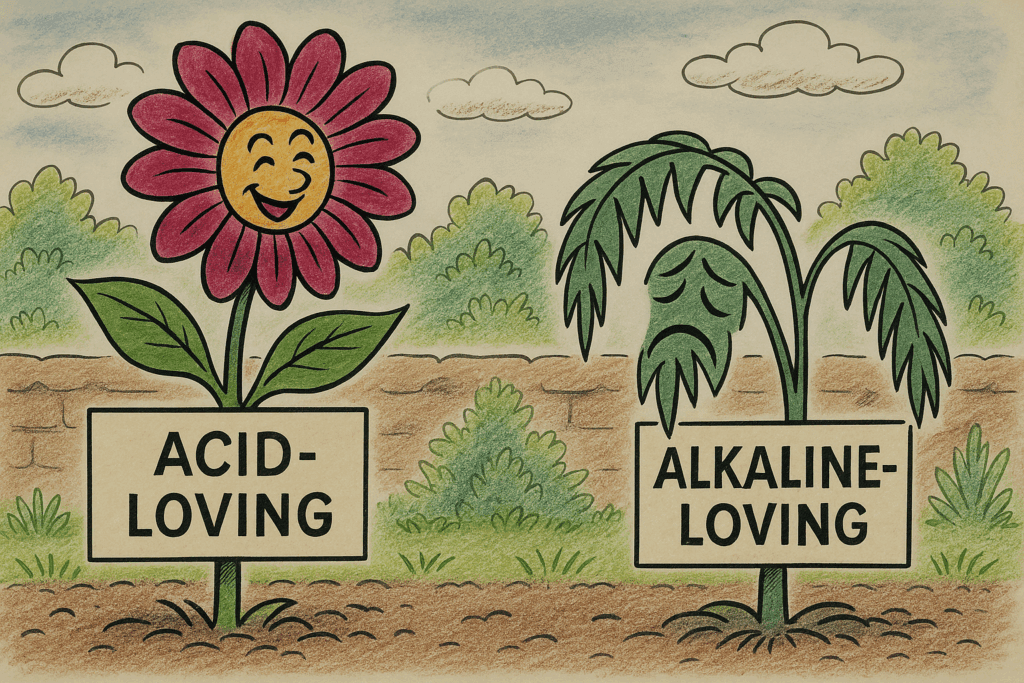 Cartoon of a happy flower labeled "acid-loving" beside a wilted plant labeled "alkaline-loving.