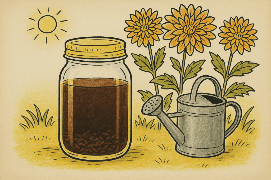 Mason jar of steeped coffee grounds and a watering can in front of blooming dahlias.