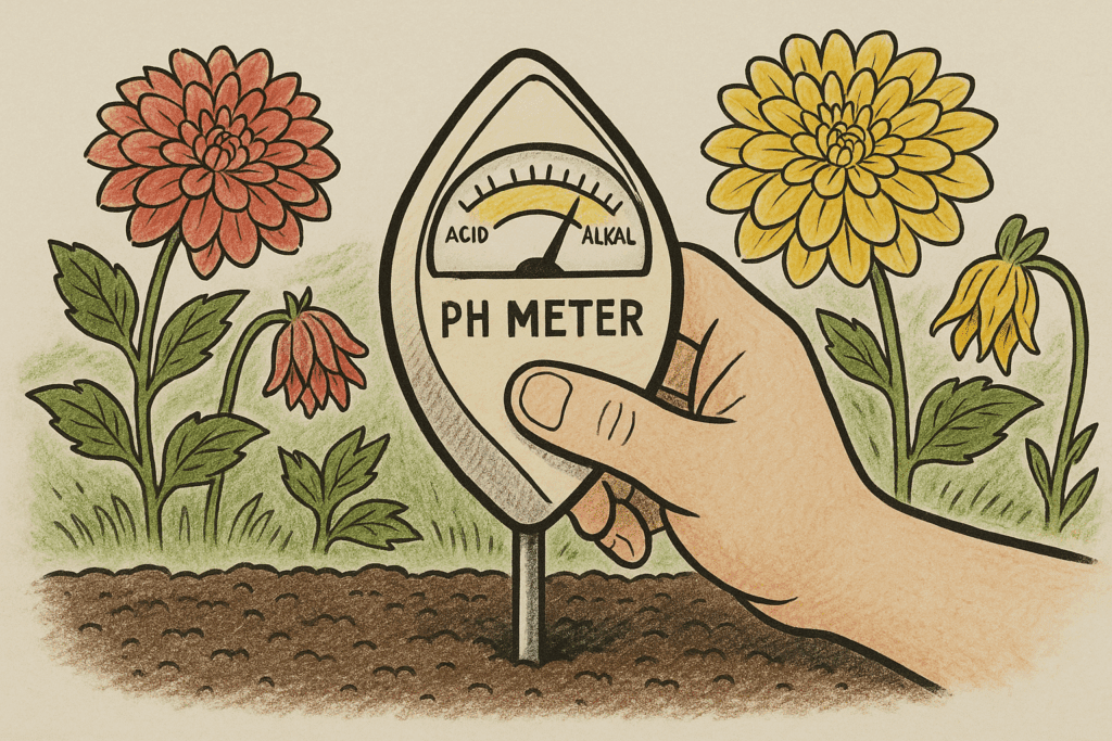 Hand Holding A Ph Meter In Soil Surrounded By Healthy And Drooping Dahlias.

