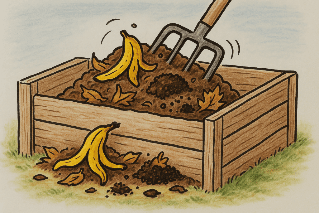 Are Coffee Grounds Good For Dahlias, Compost Bin With Banana Peels, Dry Leaves, And Coffee Grounds Being Mixed With A Pitchfork.