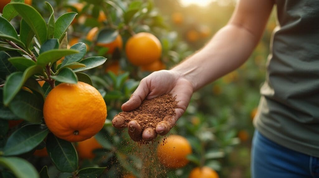 Are Coffee Grounds Good for Citrus Trees: Natural Fertilizer Benefits and Risks A person sprinkles coffee grounds near an orange tree, surrounded by ripe fruit and green leaves in warm sunlight.