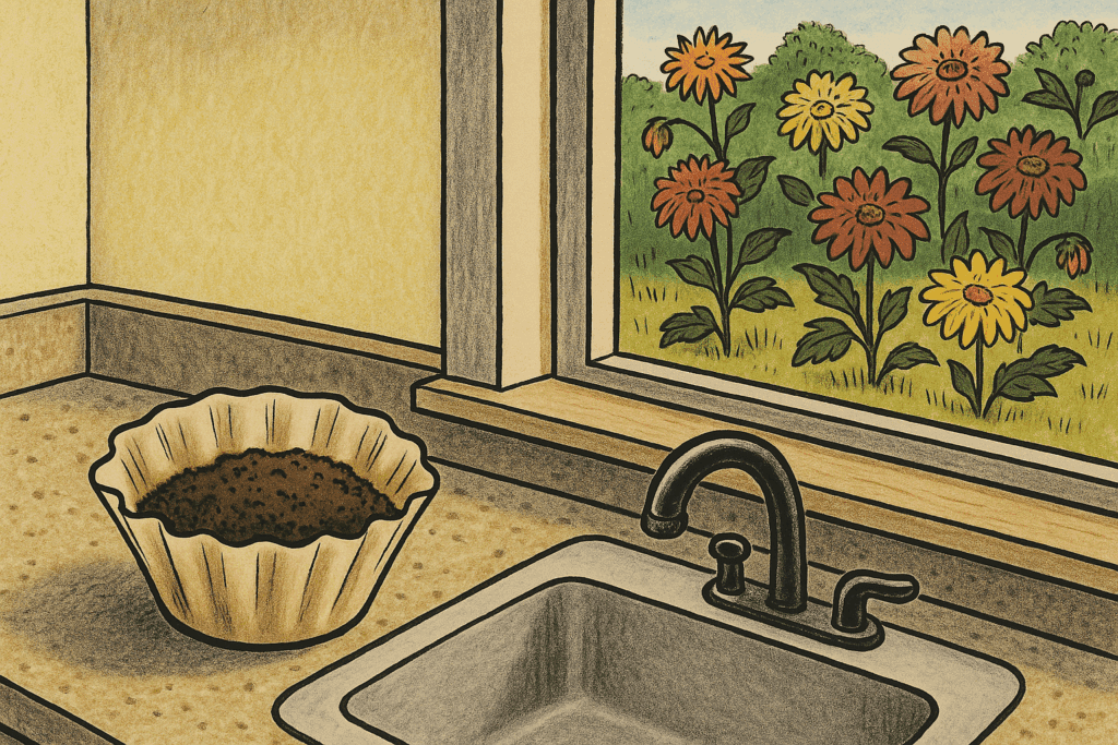 Used coffee grounds in a filter on a kitchen counter with dahlias visible through the window.