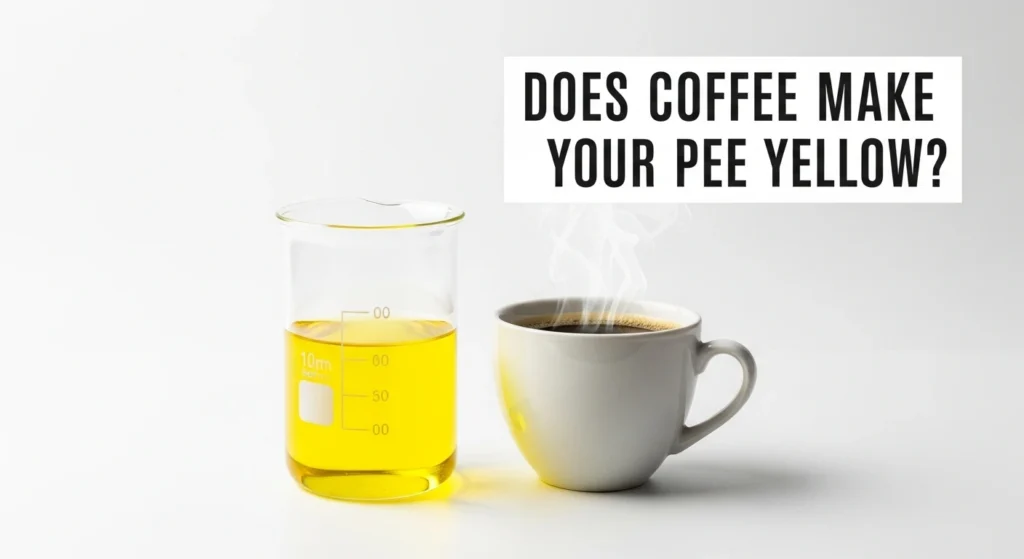 Does Coffee Make Your Pee Yellow – steaming cup of coffee next to a yellow liquid in a lab beaker
