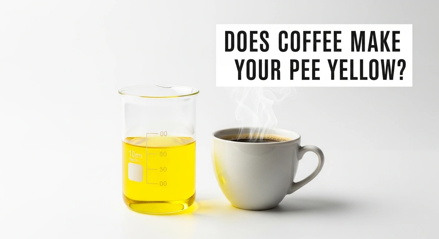Does Coffee Make Your Pee Yellow – steaming cup of coffee next to a yellow liquid in a lab beaker
