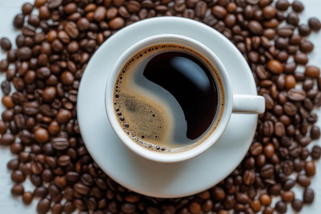 Does Coffee Make Your Pee Yellow? What Your Urine Color Says About Your Health Does Coffee Make Your Pee Yellow – close-up of black coffee in white cup surrounded by roasted beans