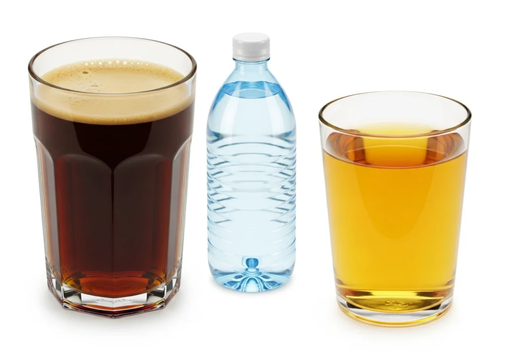 Does Coffee Make Your Pee Yellow? What Your Urine Color Says About Your Health coffee, bottled water, and a glass of yellow liquid side by side