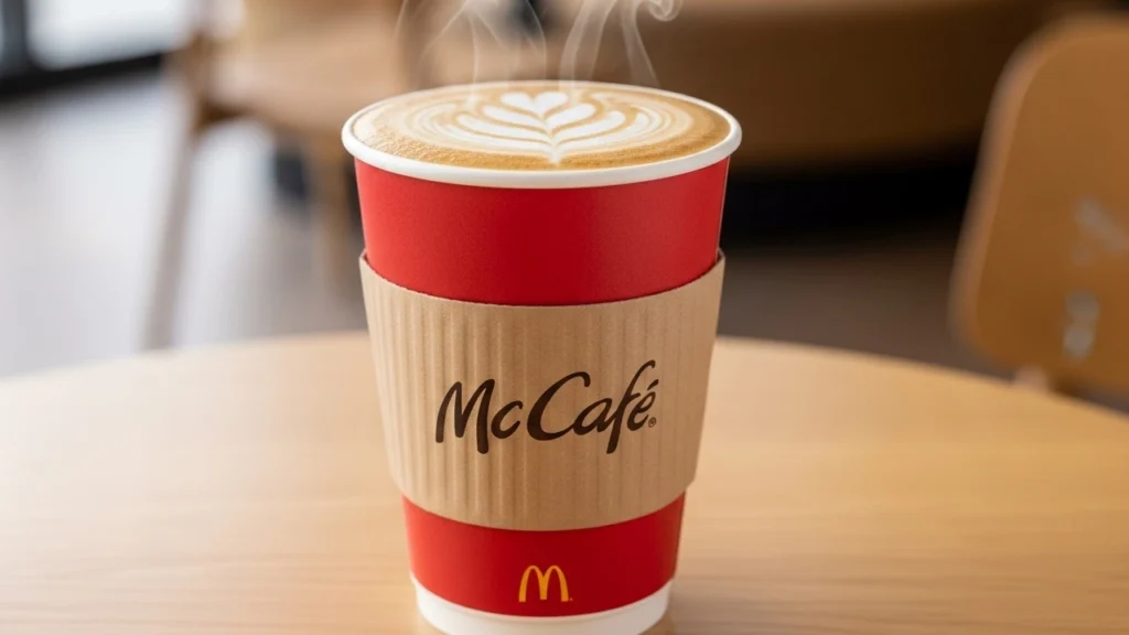 Does McDonald’s Have Almond Milk for Coffee – McCafé latte in red cup with latte art and steam rising