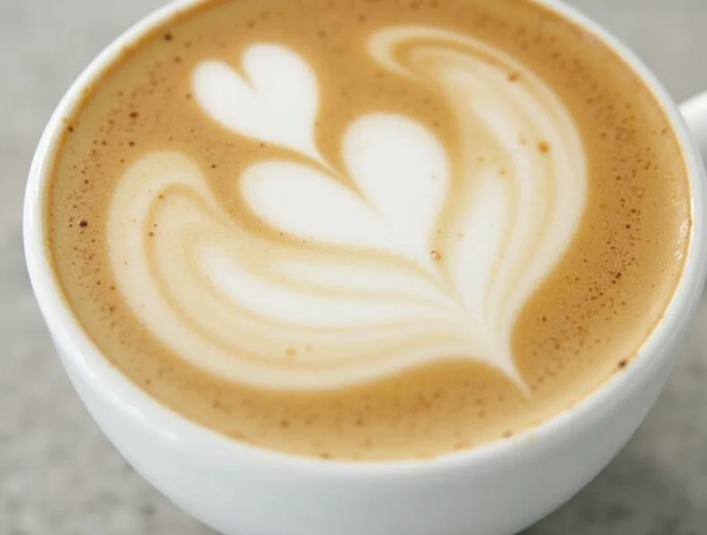 latte with heart-shaped foam art in white ceramic cup