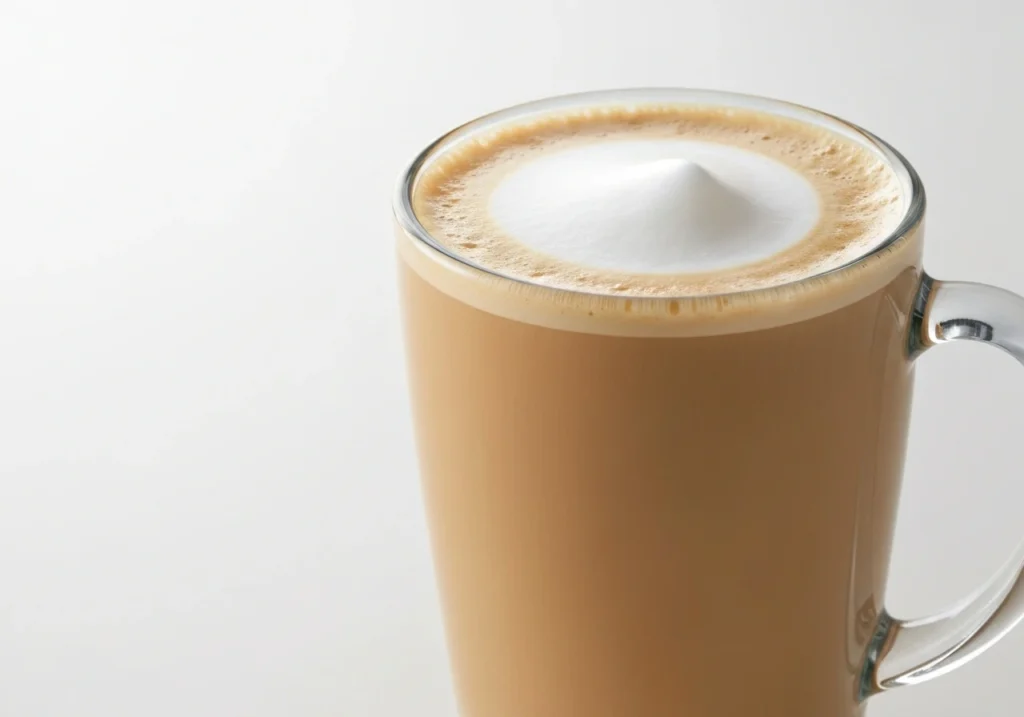 Latte In A Clear Glass Mug With A Smooth Dome Of Milk Foam