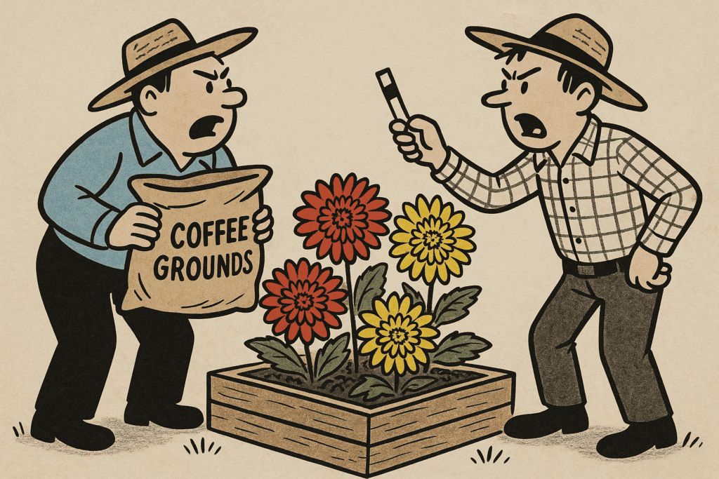 Two Gardeners Arguing Over Coffee Grounds And Ph Levels Near Blooming Dahlias.