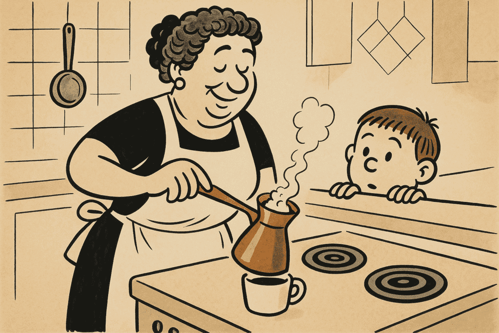 These Are The 5 Best Greek Coffee Brands (We Tried Them All) Older woman pouring Greek coffee from a briki for a curious child at the stove.
