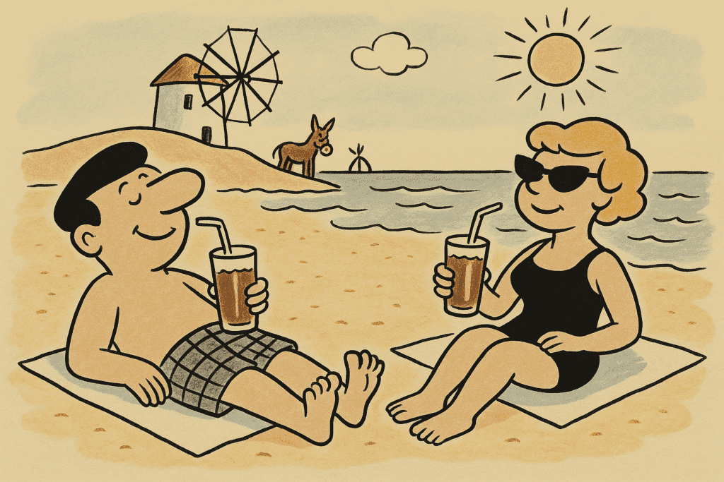 These Are The 5 Best Greek Coffee Brands (We Tried Them All) Cartoon couple lounging on a Greek beach, drinking iced frappé with straws.