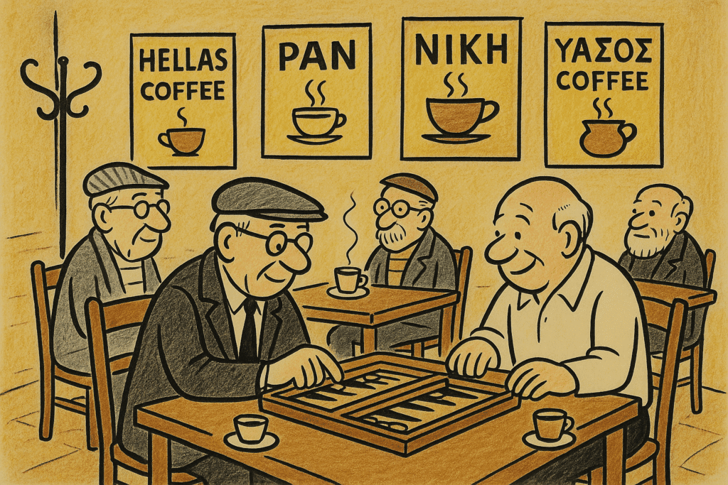 These Are The 5 Best Greek Coffee Brands (We Tried Them All) Greek men playing backgammon in a kafeneio with steaming demitasse cups on the table.