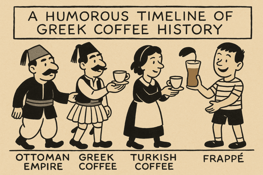 These Are The 5 Best Greek Coffee Brands (We Tried Them All) Comic-style timeline showing Ottoman, Greek, and Turkish coffee leading to frappé.