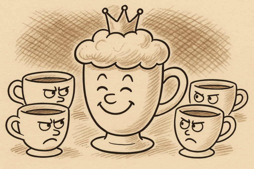 These Are The 5 Best Greek Coffee Brands (We Tried Them All) Happy foamy Greek coffee cup with a crown, surrounded by jealous plain cups.