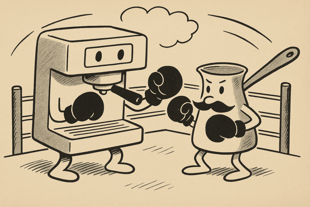 These Are The 5 Best Greek Coffee Brands (We Tried Them All) Boxing match between a briki pot and an espresso machine in cartoon style.