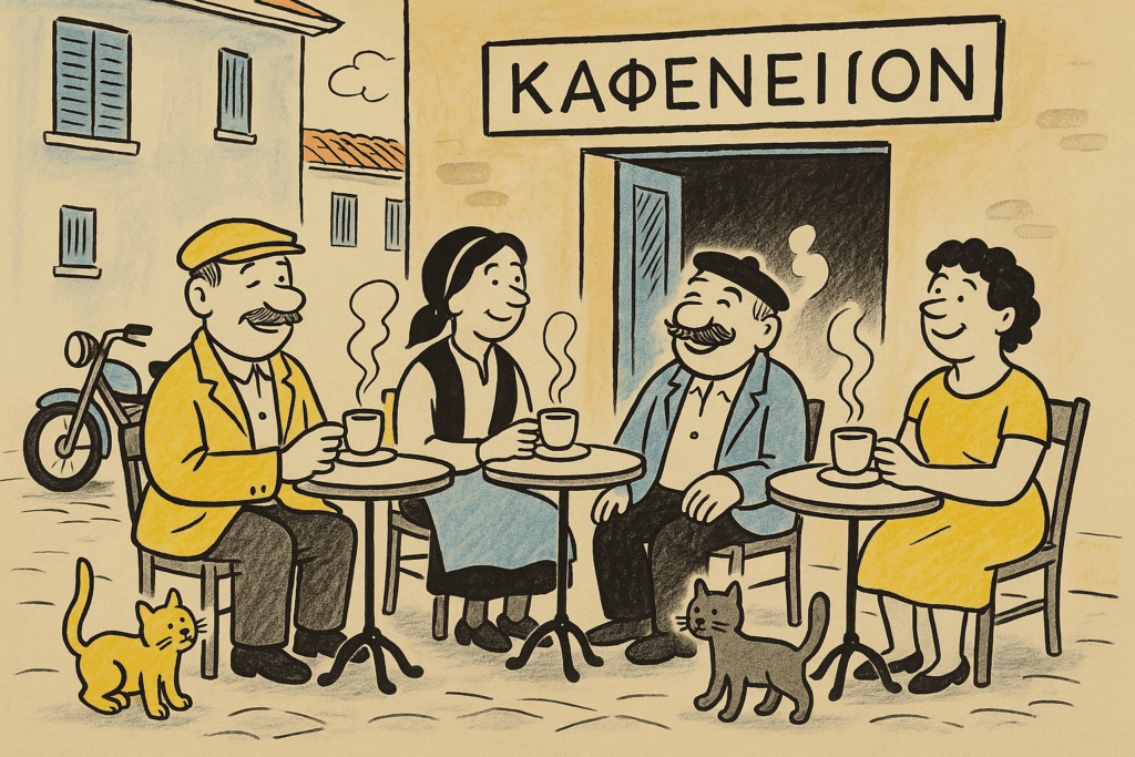 These Are The 5 Best Greek Coffee Brands (We Tried Them All) Four people enjoying Greek coffee outside a kafeneion, cats and motorcycle in background.